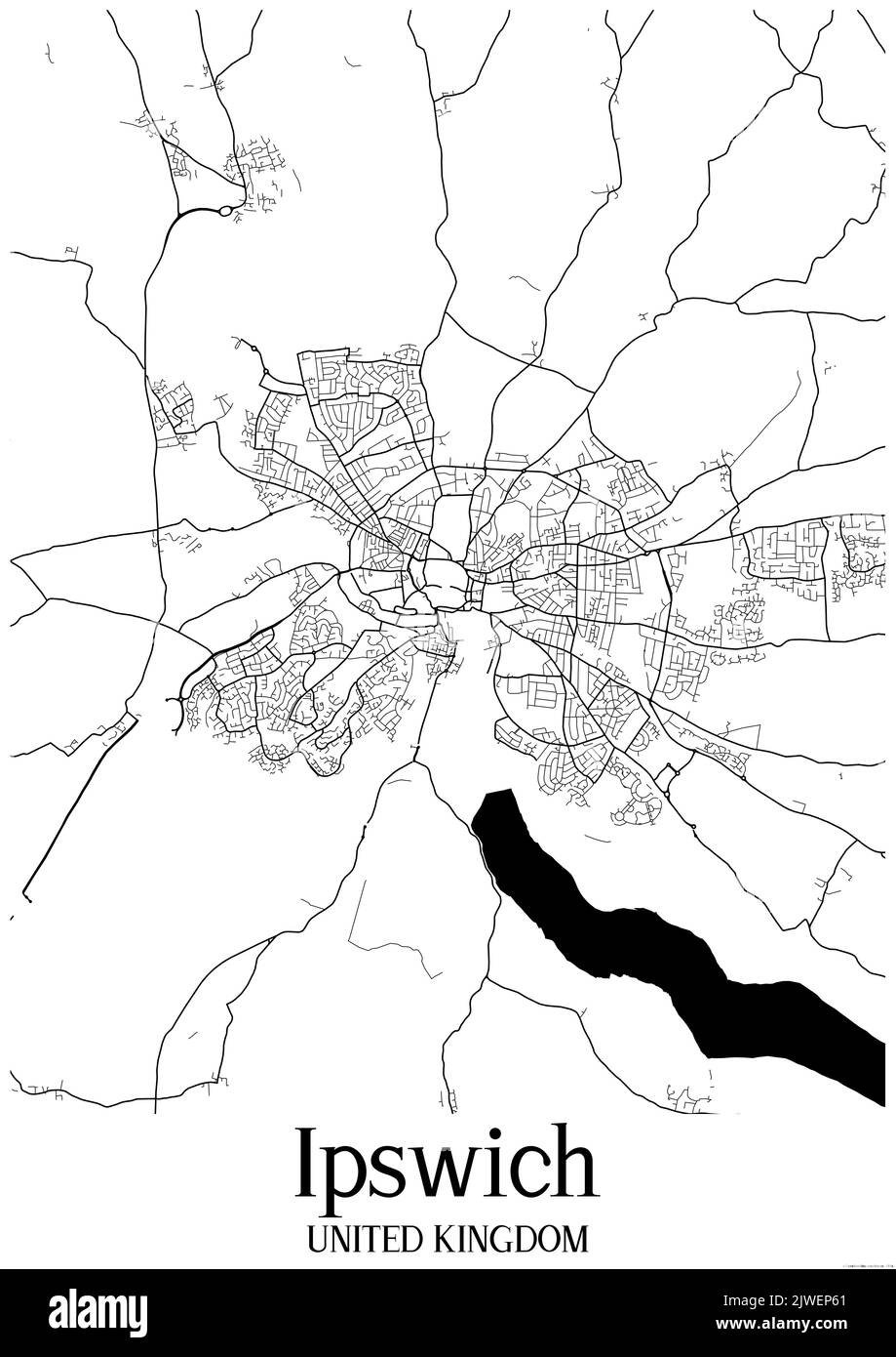 Mappa urbana classica in bianco e nero di Ipswich Regno Unito. Questa mappa contiene linee geografiche per le strade principali e secondarie. Foto Stock