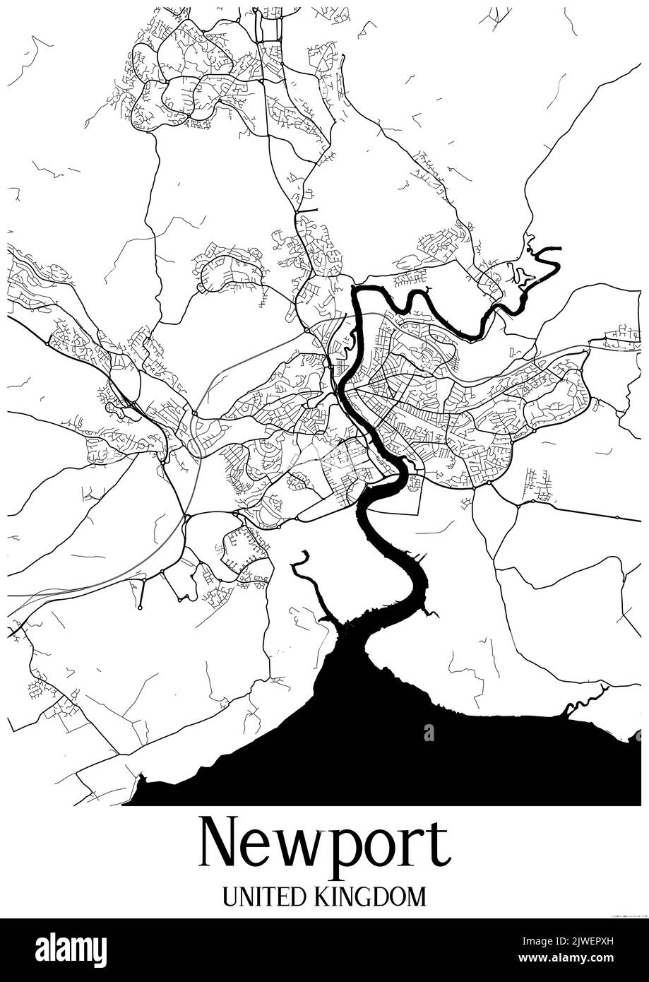 Mappa urbana classica in bianco e nero di Newport United Kingdom. Questa mappa contiene le linee geografiche per le strade principali e secondarie. Foto Stock