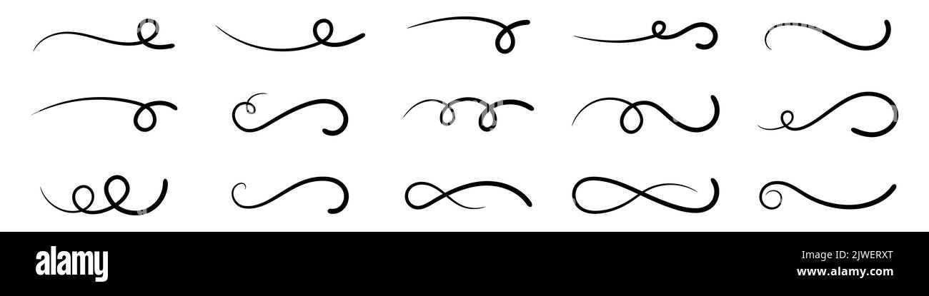Set di sottolineatura Swoosh disegnato a mano. La scritta calligrafica vettoriale enfatizzava la linea curva. Code retrò ornamento. Collezione di pennellate nere. Illustrazione Vettoriale