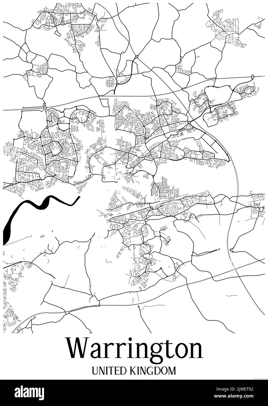 Mappa urbana classica in bianco e nero di Warrington Regno Unito. Questa mappa contiene linee geografiche per le strade principali e secondarie. Foto Stock