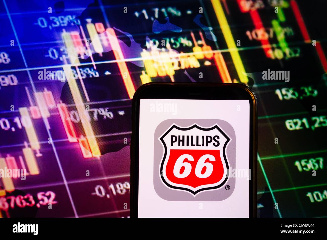 KONSKIE, POLONIA - 04 settembre 2022: Smartphone che mostra il logo della società Phillips 66 sullo sfondo del diagramma di borsa Foto Stock