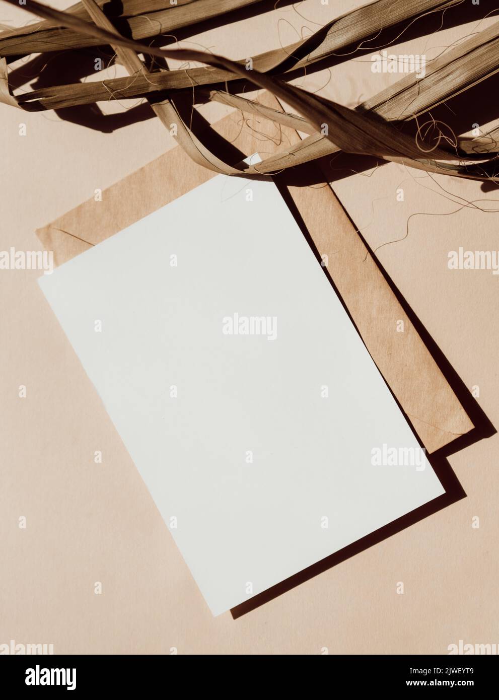 Cartoncino bianco vuoto, busta e parte di foglia di palmo secco su sfondo beige vista dall'alto. Elemento di design per l'invito di nozze, grazie biglietto, saluto, busin Foto Stock