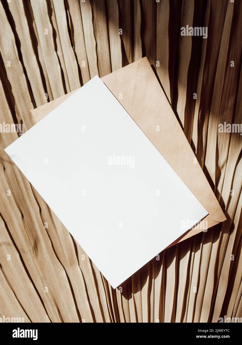 Cartoncino bianco vuoto, busta su sfondo beige a foglia di palma asciutta vista dall'alto. Elemento di design per l'invito di nozze, grazie biglietto, saluto, biglietto da visita Foto Stock