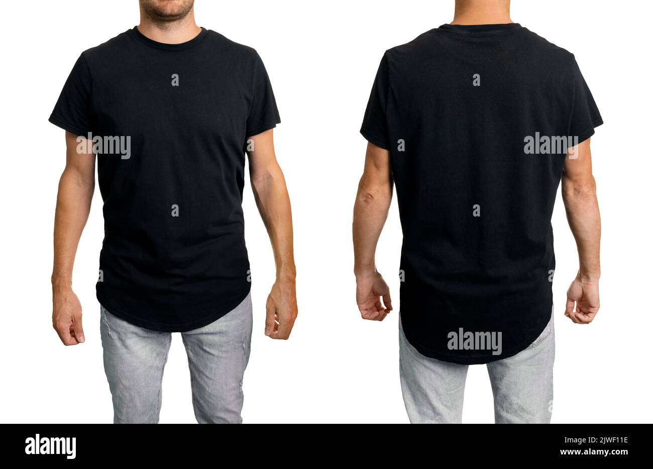 uomo in maglietta lunga nera vuota. modello mockup anteriore e posteriore per il design. isolato su sfondo bianco Foto Stock