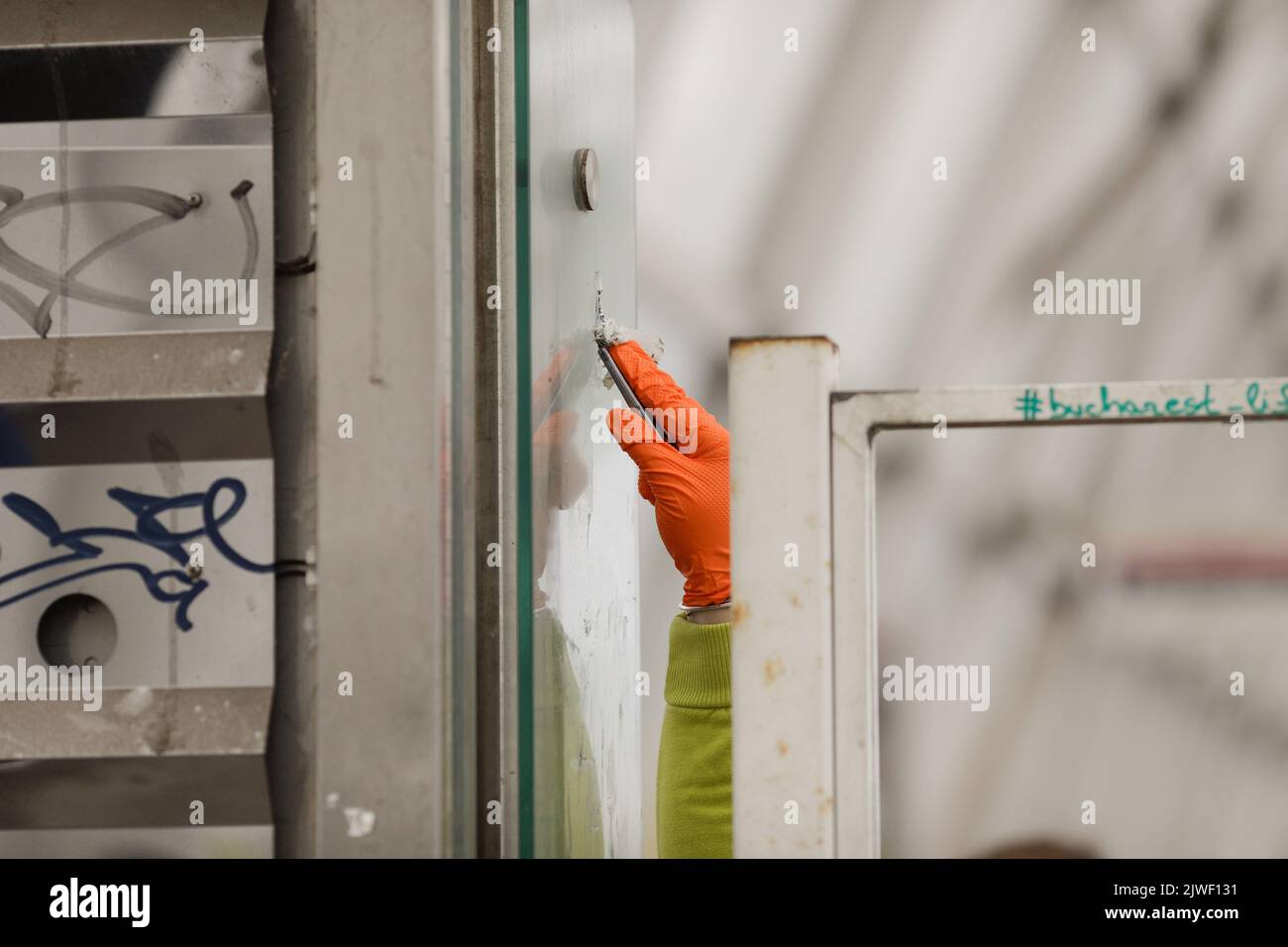 Bucarest, Romania - 3 settembre 2022: Dettagli con la mano di una giovane donna, con guanti protettivi, raschiando i graffiti da una parete di vetro. Foto Stock