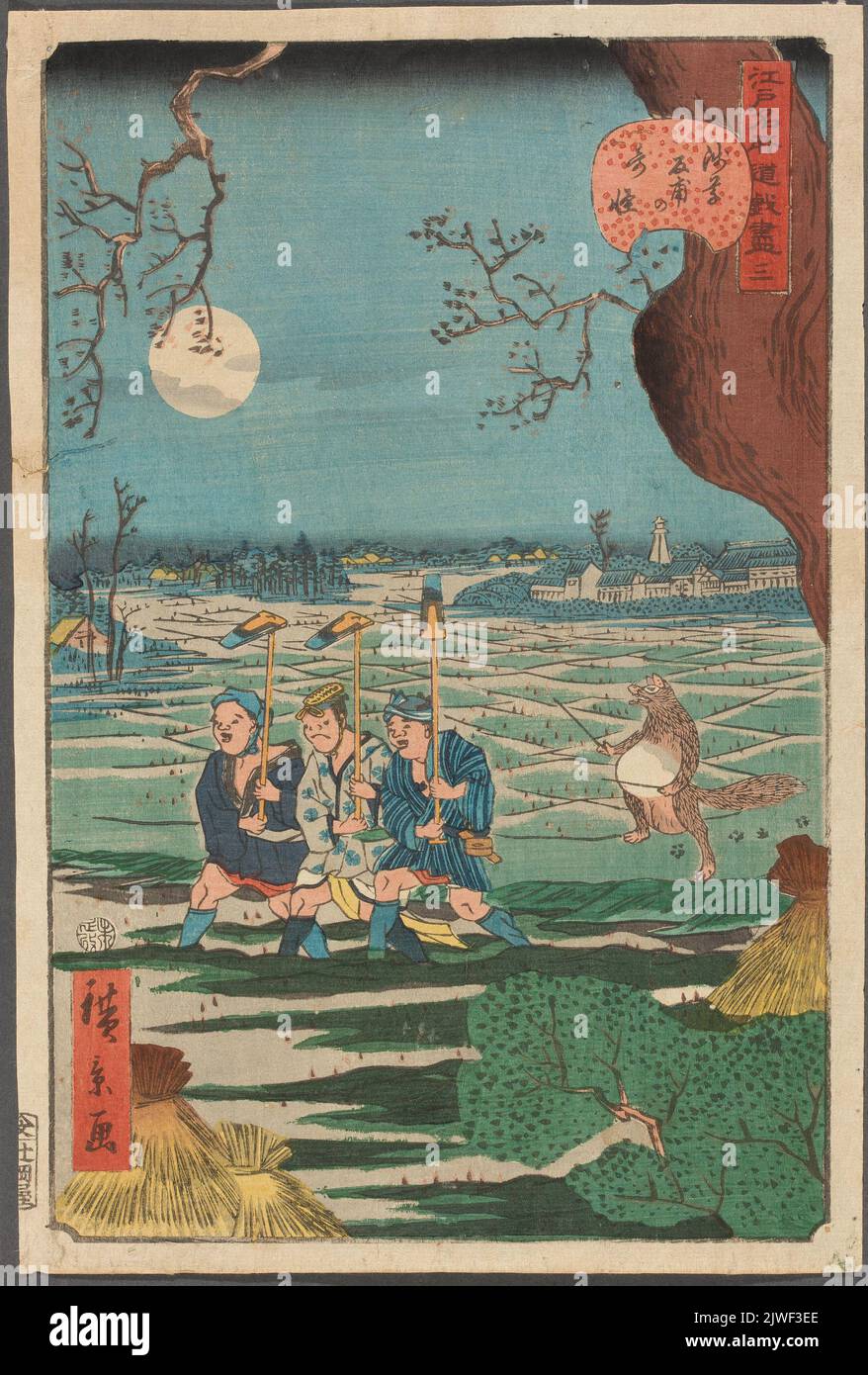 Strano evento nei campi di Tomonoura ad Asakusa (Asakusa tomonoura-no kikai), stampa della serie “Edo meisho doke zukushi” (comici panorami dei luoghi famosi di Edo). Utagawa, Hirokage (atto. c.1855-1865), artista grafico Foto Stock
