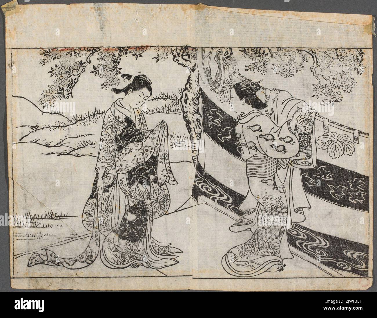 Ragazze in giardino, due biglietti da album. Nishikawa, Sukenobu (1671-1751), artista grafico Foto Stock