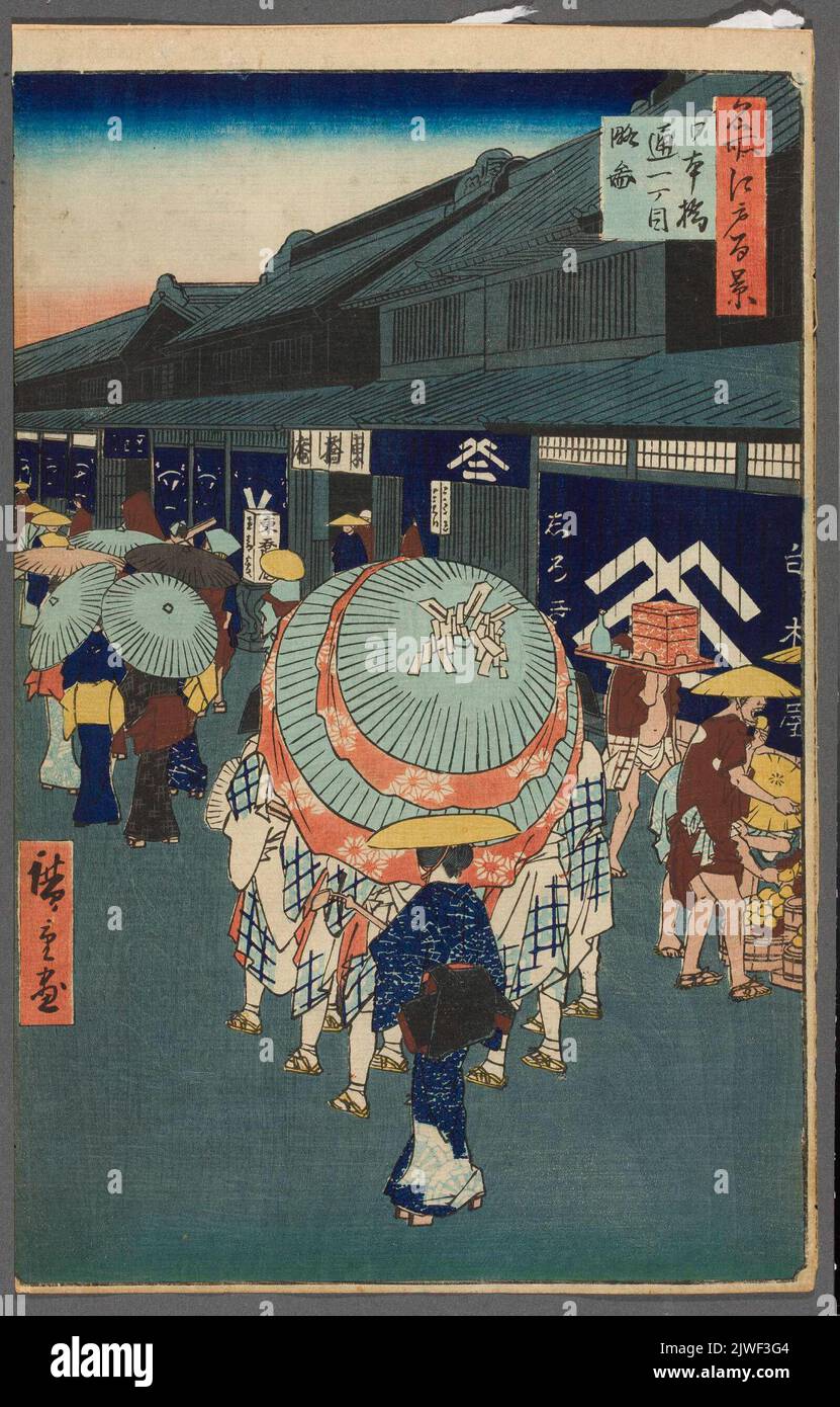 Prima strada nel quartiere Nihonbashi (Nihonbashi tori itchôme ryakuzu); stampa dalla serie: Meisho Edo hyakkei (100 famose viste di Edo). Utagawa, Hiroshige i (1797-1858), artista grafico Foto Stock