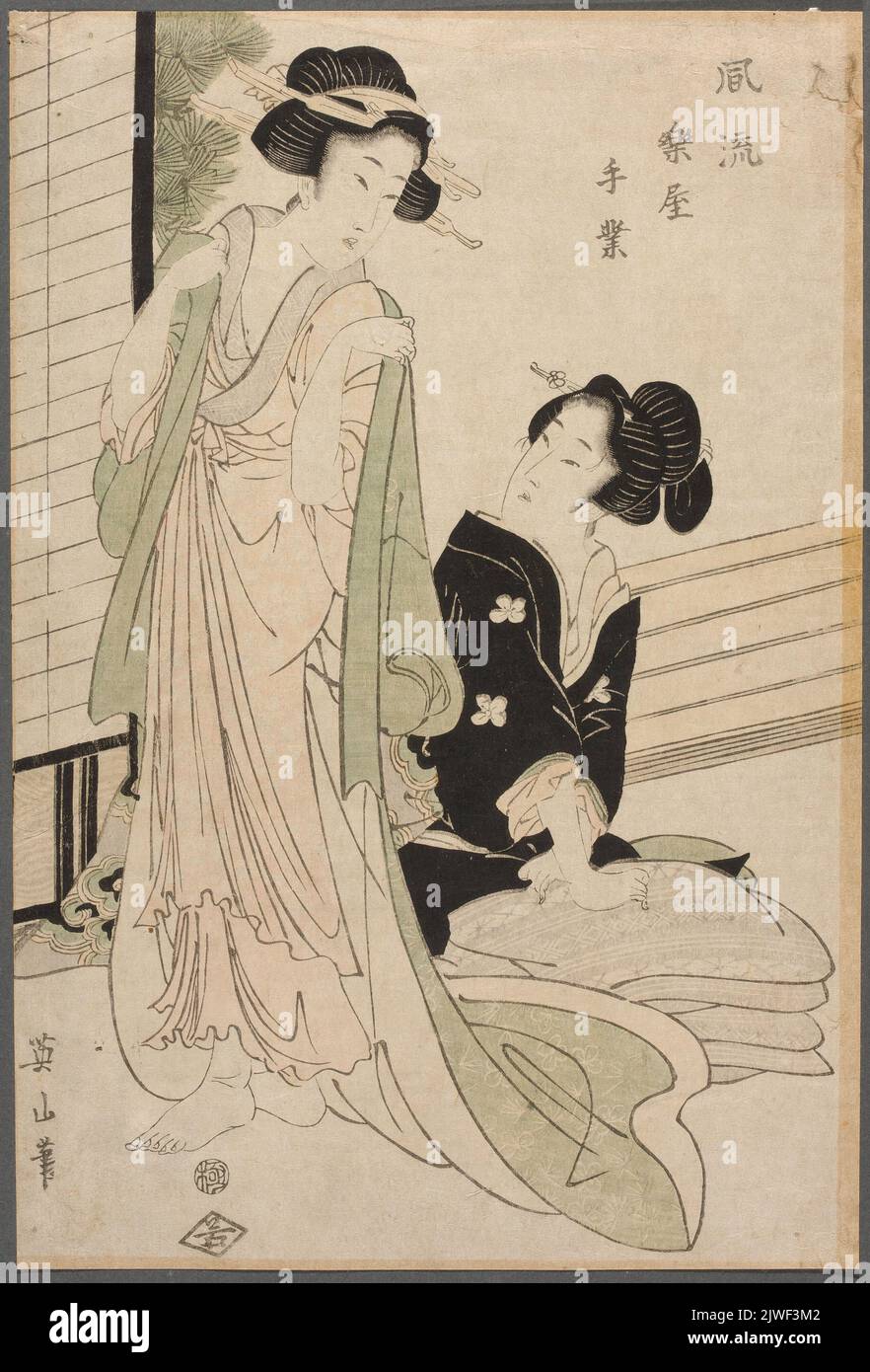 Due donne vestirsi; dalla serie: Furyu gakuya tewaza (l'elegante guardaroba). Kikugawa, Eizan (1787-1867), artista grafico Foto Stock