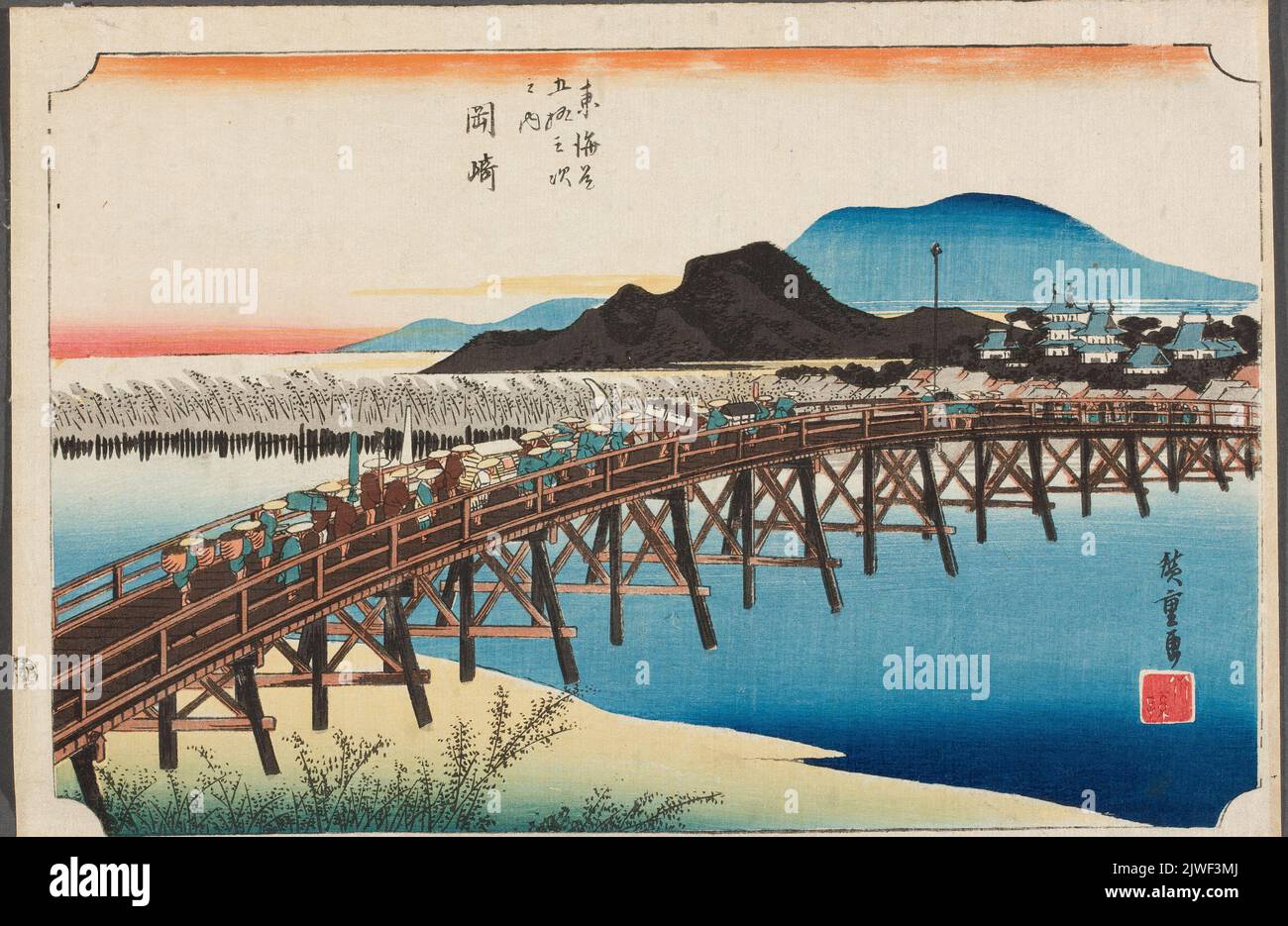 Ponte di Yahagi a Okazaki; stampa della serie: Tokaido gojusan tsugi-no uchi (53 stazioni del Tokaido). Utagawa, Hiroshige i (1797-1858), artista grafico Foto Stock