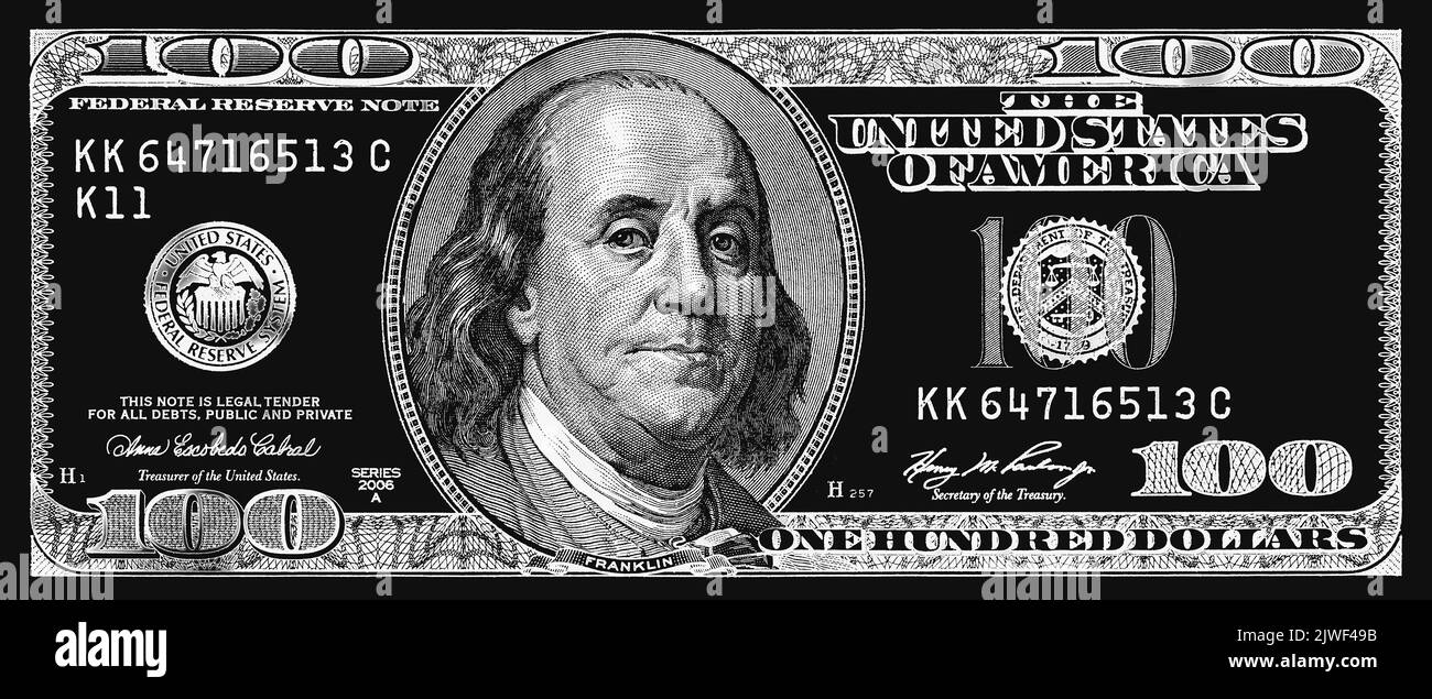 Banconota da 100 dollari USA testurizzata in argento con sfondo nero per il design Foto Stock