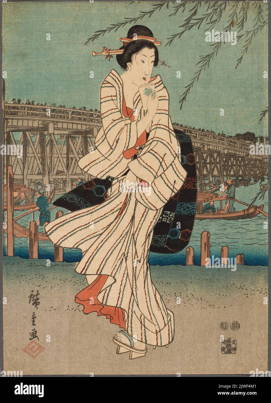 Passeggiata serale al ponte Ryogoku di Edo; dalla serie: Toto meisho (luoghi famosi della capitale orientale); pannello sinistro del trittico. Utagawa, Hiroshige i (1797-1858), artista grafico Foto Stock