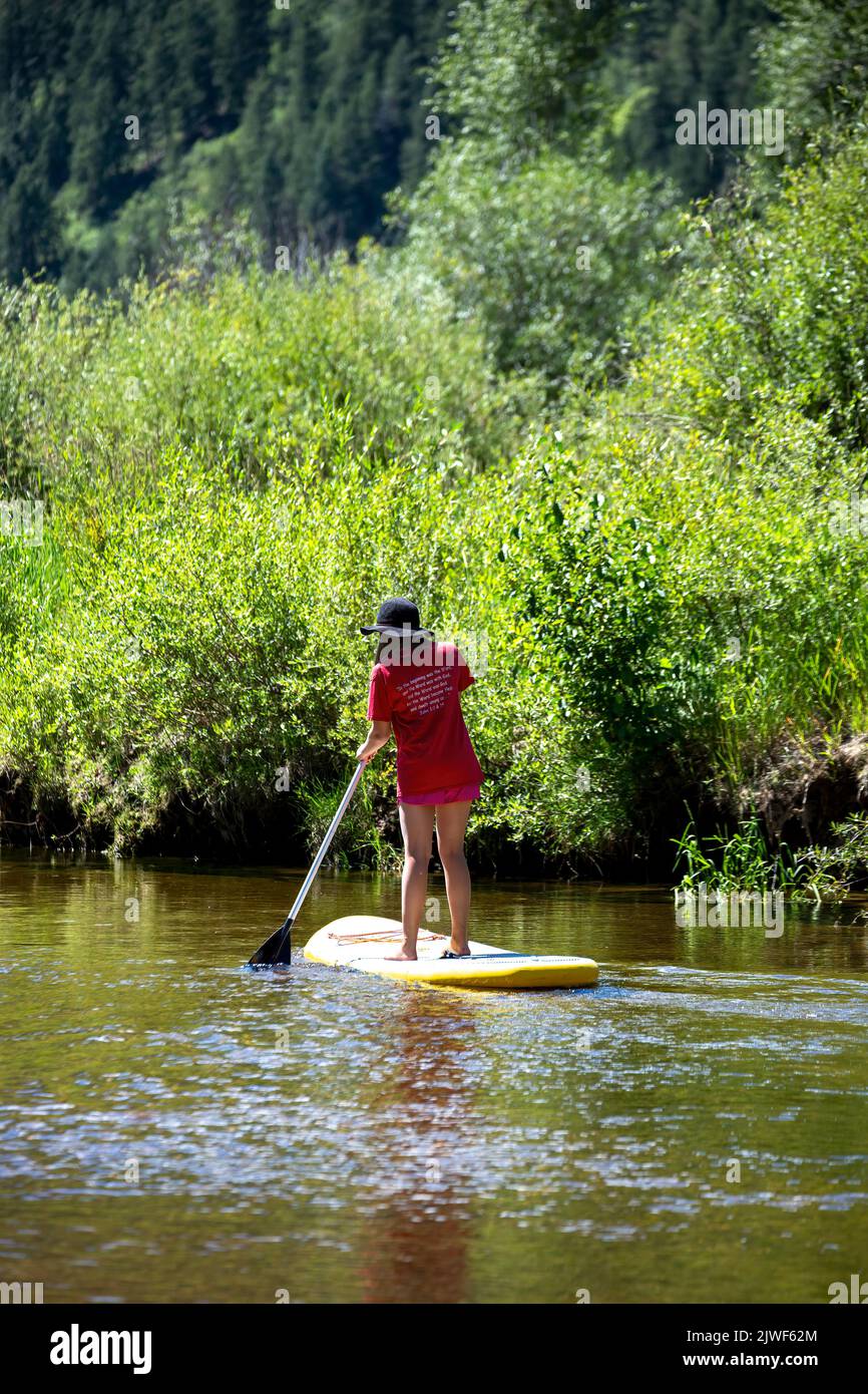 Stand Up Paddle boarding girl, Roaring Fork River, vicino a Aspen Colorado, STATI UNITI D'AMERICA Foto Stock