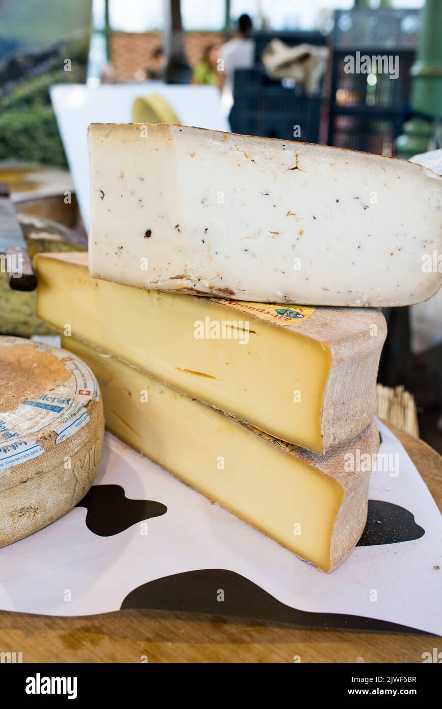 Mucchio di pezzi di formaggio assortiti. Mangiare sano. Francia Foto Stock