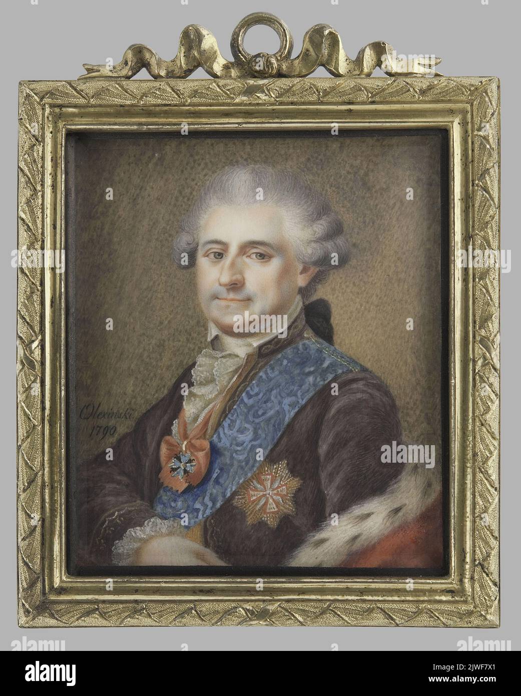 Król polski Stanisław August Poniatowski w fioletowym fraku, według zaginionego portretu Jana Chrzciciela Lampiego Starszego. Lampi Jan Chrzciciel St., pittore, Olexiński, Franciszek Ksawery (1758-1826), pittore Foto Stock