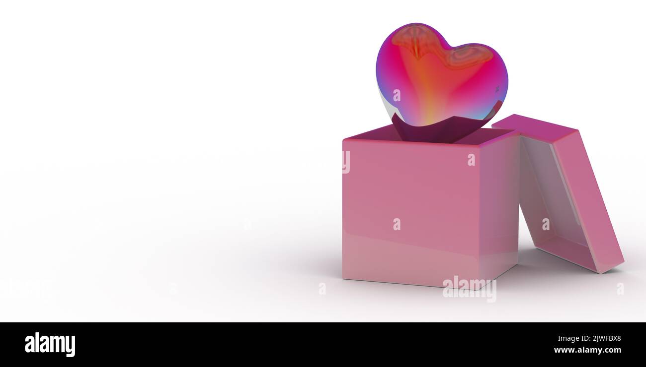 Forma lucida e brillante del cuore in scatola regalo quadrata rosa aperta. 3D rendering sfondo bianco. Disegno grafico per gli amanti, le madri e i valentini Foto Stock