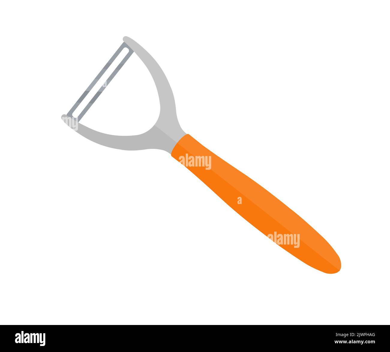 Pelapatate, strumento in acciaio inox per servire il logo del cibo. Disegno e illustrazione di un coltello da pelatura per utensili da cucina, frutta e verdura Illustrazione Vettoriale