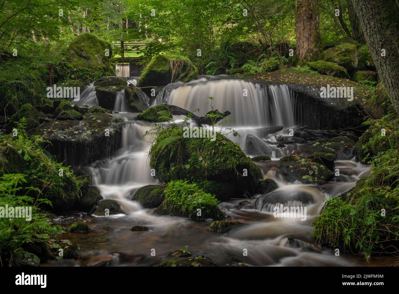 Cascata sotto la porta d'acqua nei pressi della città di Vyssi Brod in estate nuvoloso fresco giorno Foto Stock