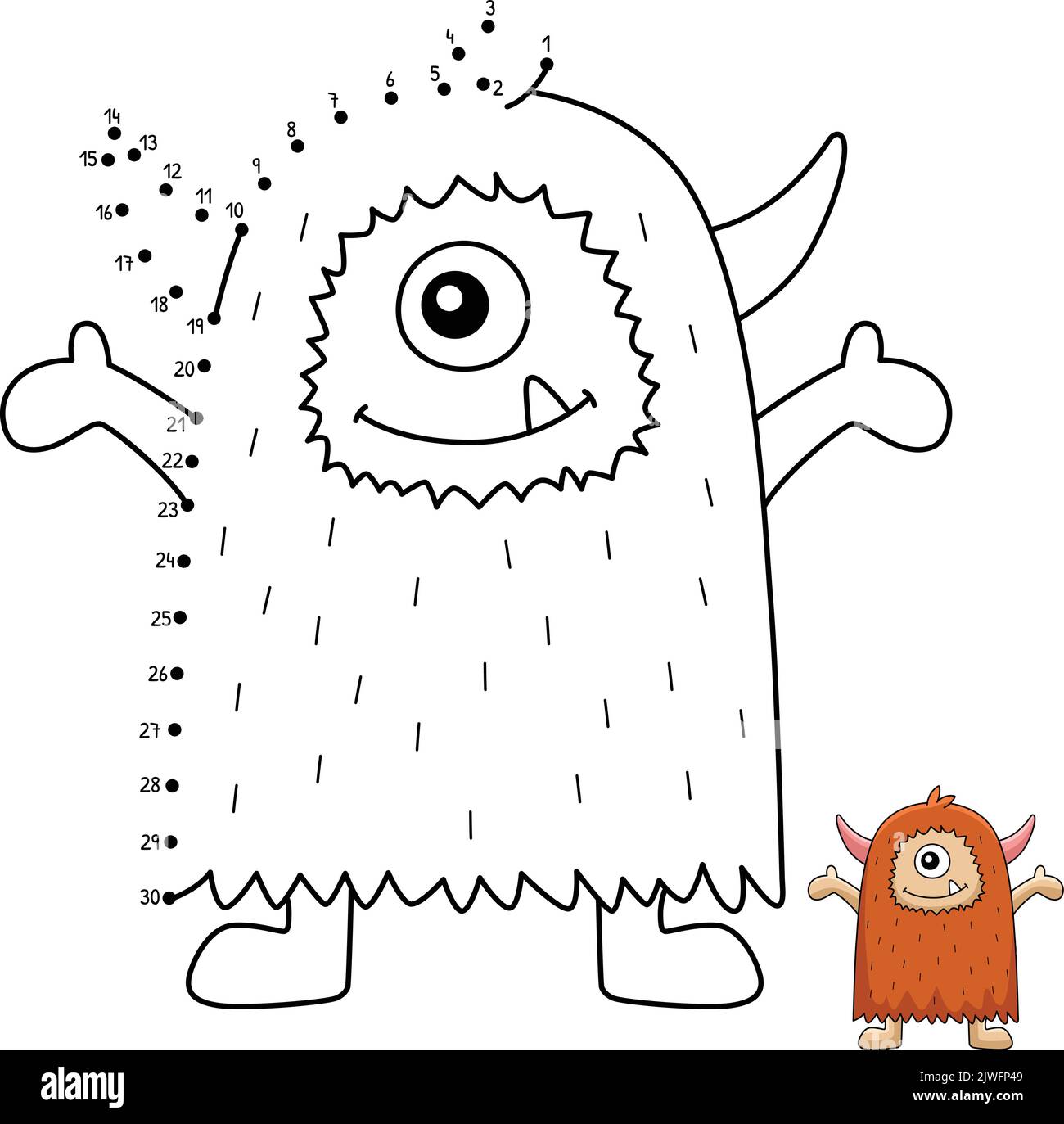 Dot to Dot carino Monster isolato colorazione pagina Illustrazione Vettoriale