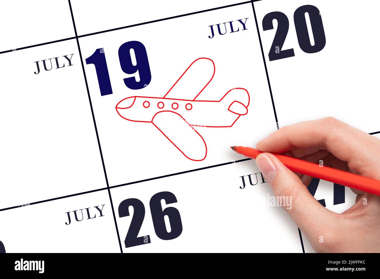 19th° giorno di luglio. Un disegno a mano del profilo dell'aeroplano alla data di calendario del 19 luglio. La data del volo in aereo. Viaggi, viaggi d'affari. Mese estivo. Giorno o Foto Stock