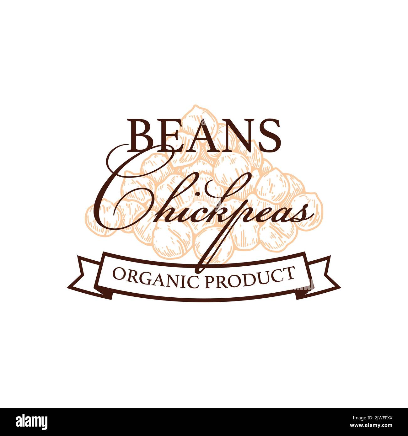 Modello con logo di ceci vintage disegnati a mano. Illustrazione vettoriale nello stile di schizzo. Design botanico isolato su bianco Illustrazione Vettoriale