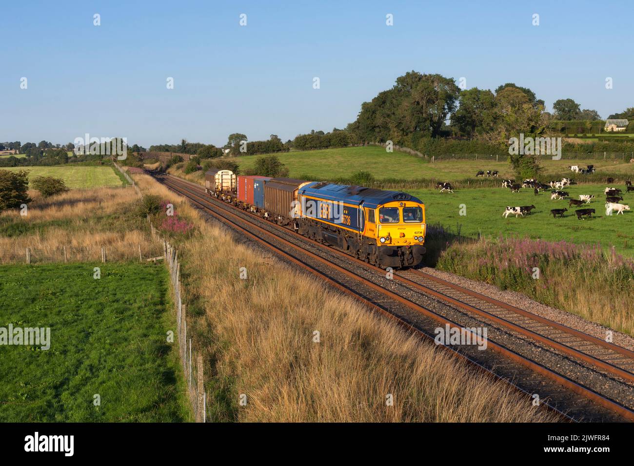 GB Raillocomotiva di classe 66 66736 che trasporta un treno merci che trasporta merci per il ministero della difesa attraverso la campagna Foto Stock