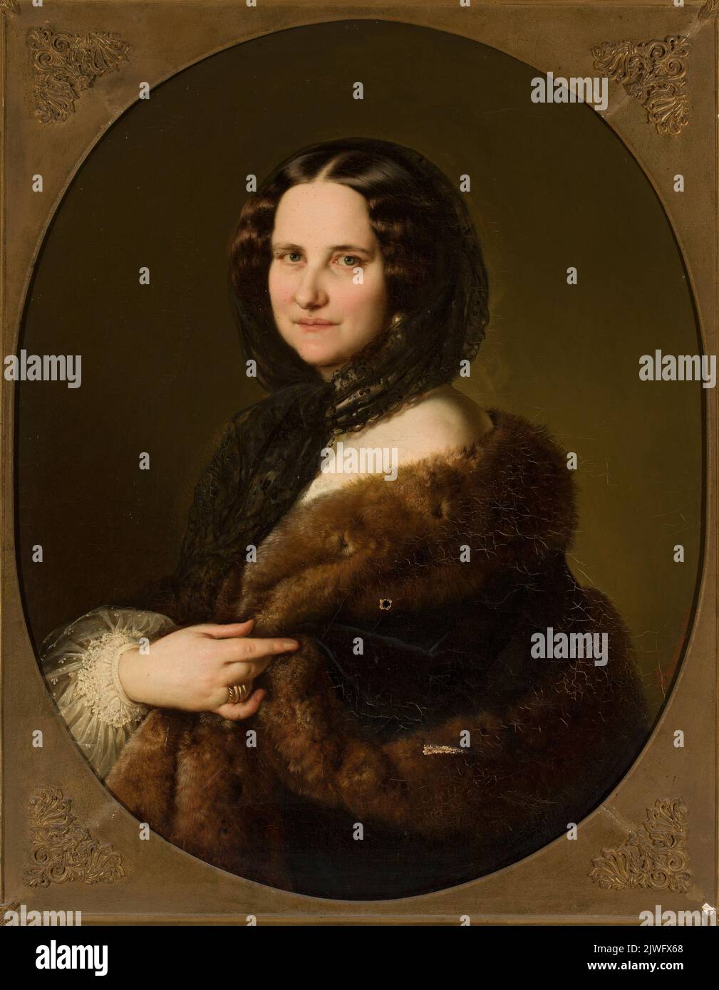Ritratto di una donna con una sciarpa nera lacy sulla sua testa. Bergmann (fl. CA 1800-1900), pittore Foto Stock