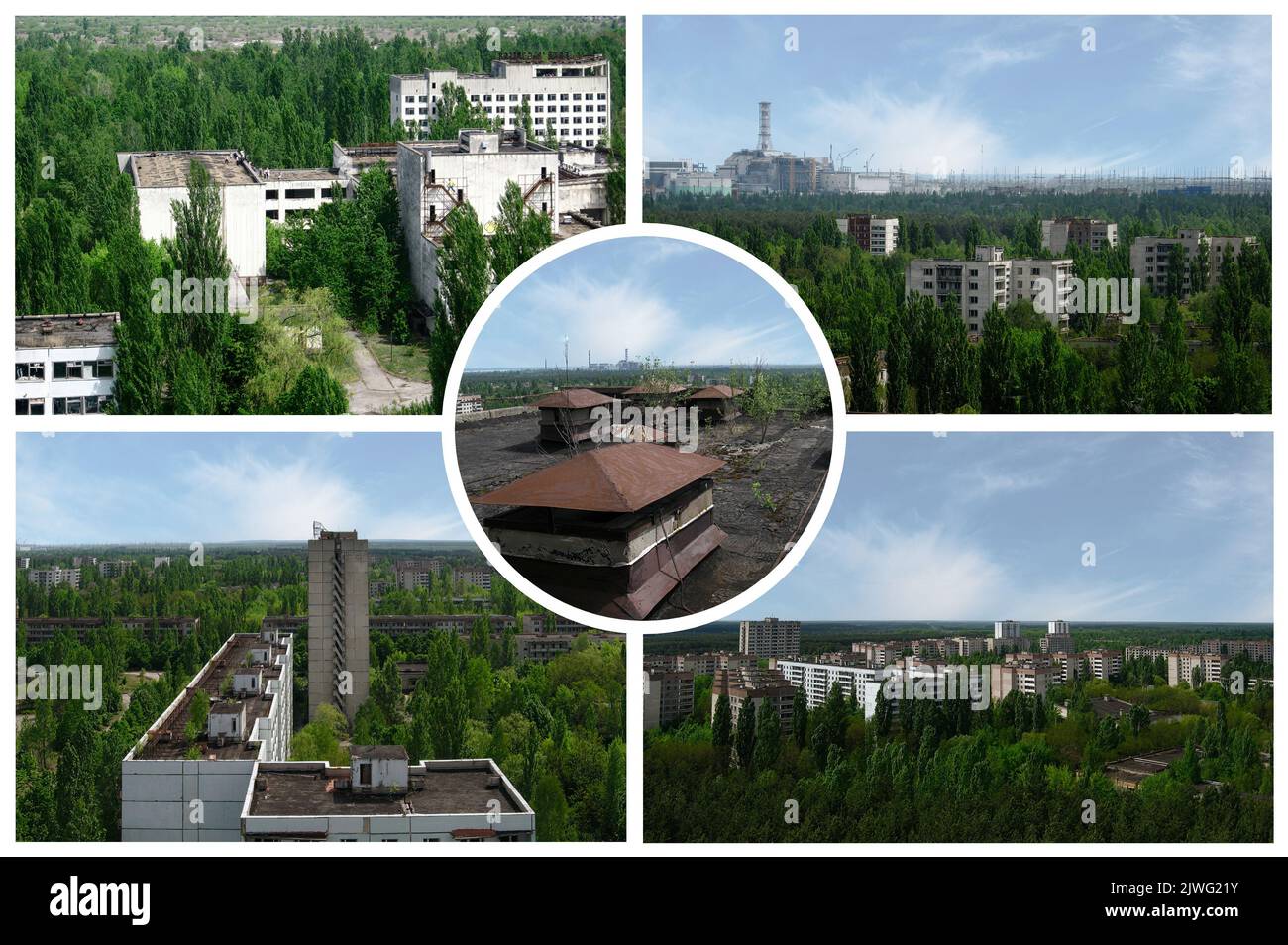 Una panoramica inquietante sull'altra città abbandonata di Pripyat (Ucraina) nella zona di esclusione dove si è verificata la catastrofe di Cernobyl nel 1986 Foto Stock