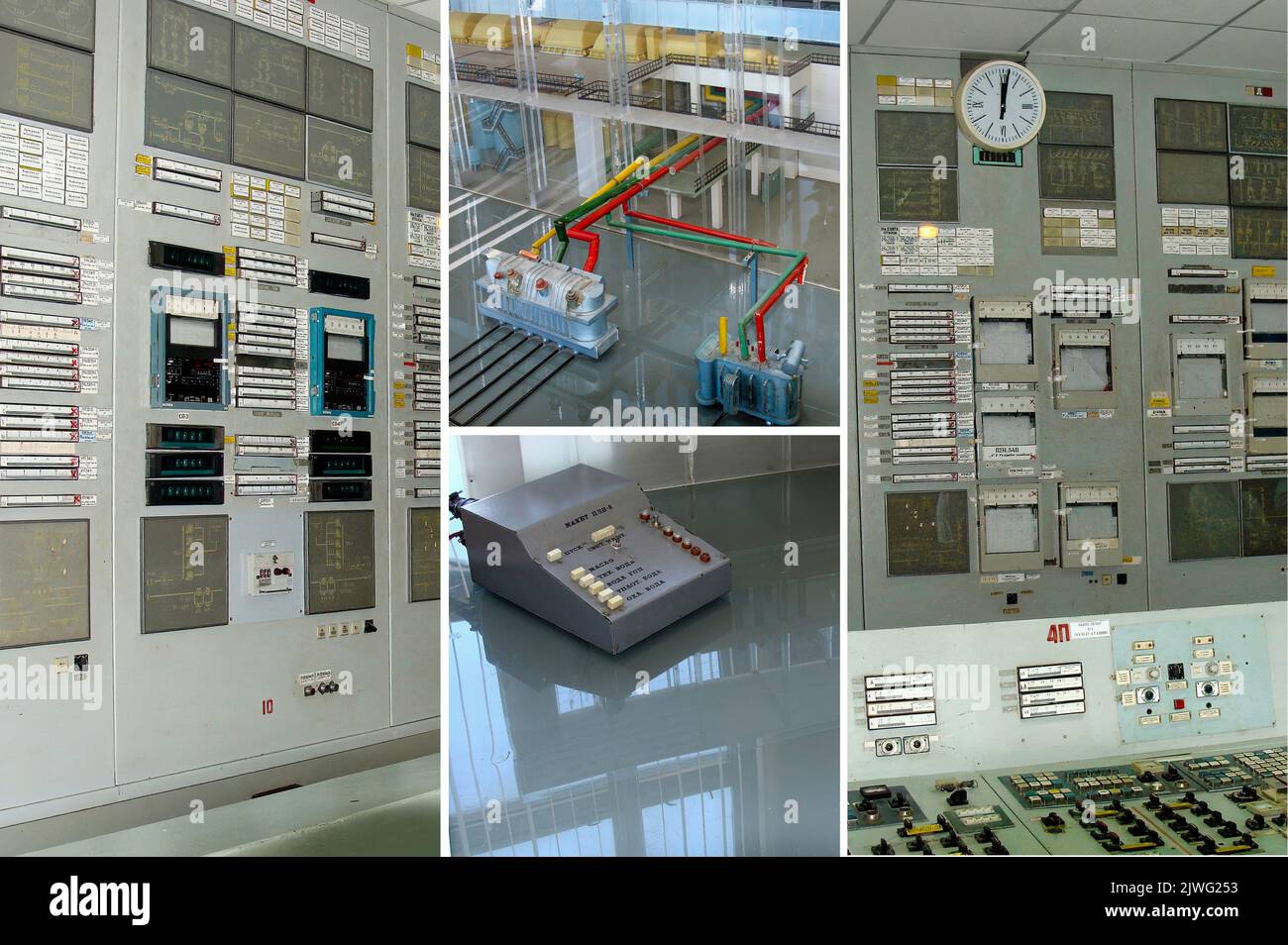 Una delle sale di controllo della centrale nucleare, dove nel 1986 si è verificata la terribile catastrofe di Cernobyl nella città fantasma di Pripyat (6) Foto Stock