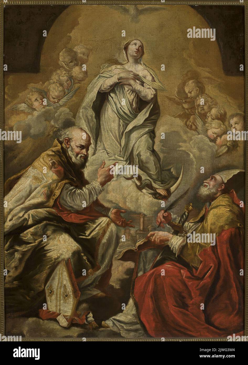 Adorazione della Vergine Maria da parte di San Petronio e Dionisio l'areopagita. Burrini, Giovanni Antonio (1656-1727), pittore Foto Stock