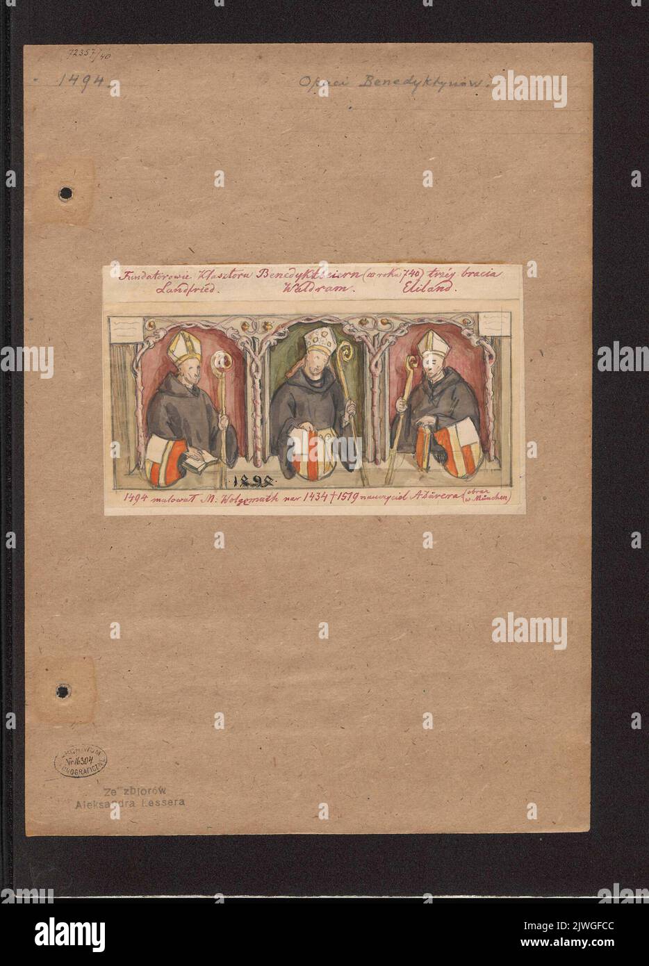 Ritratti di Landfried, Waldram ed Eliland, tre abati dell'abbazia di Benediktbeuern in Baviera, secondo una foto di Michael Wolgemut a Monaco. Minore, Aleksander (1814-1884), disegnatore, cartoonista, Wolgemut, Michael (1434-1519), pittore Foto Stock