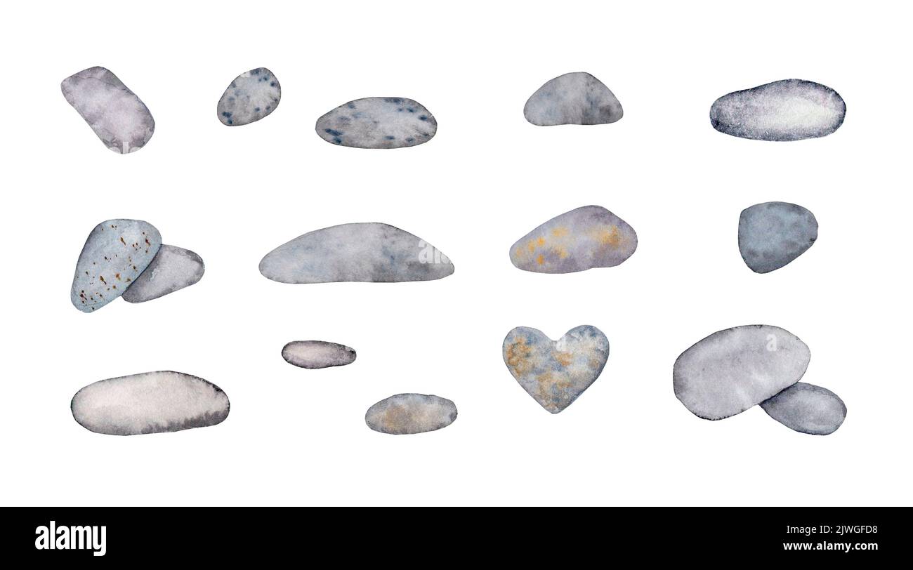 Raccolta di pietre allineate. Set di elementi acquerelli per il design. Pietre grigie, ciottoli. Foto Stock