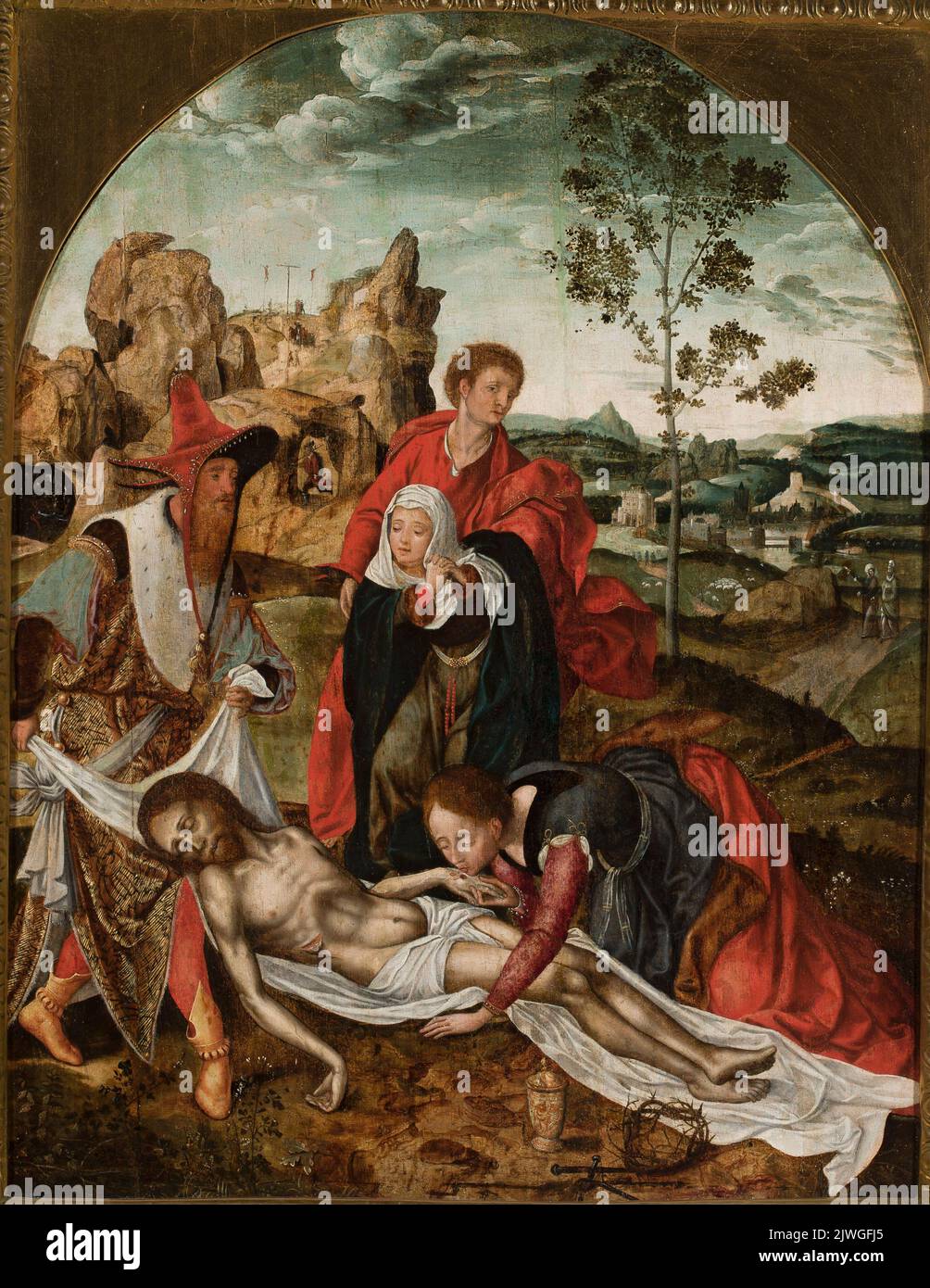 Lutto di Cristo (Matteo 27:59–61; Marco 15:46–47; Luca 23:53–56; Giovanni 19:38–42). Cleve, Joos van (ca 1485-1540/1541), pittore Foto Stock