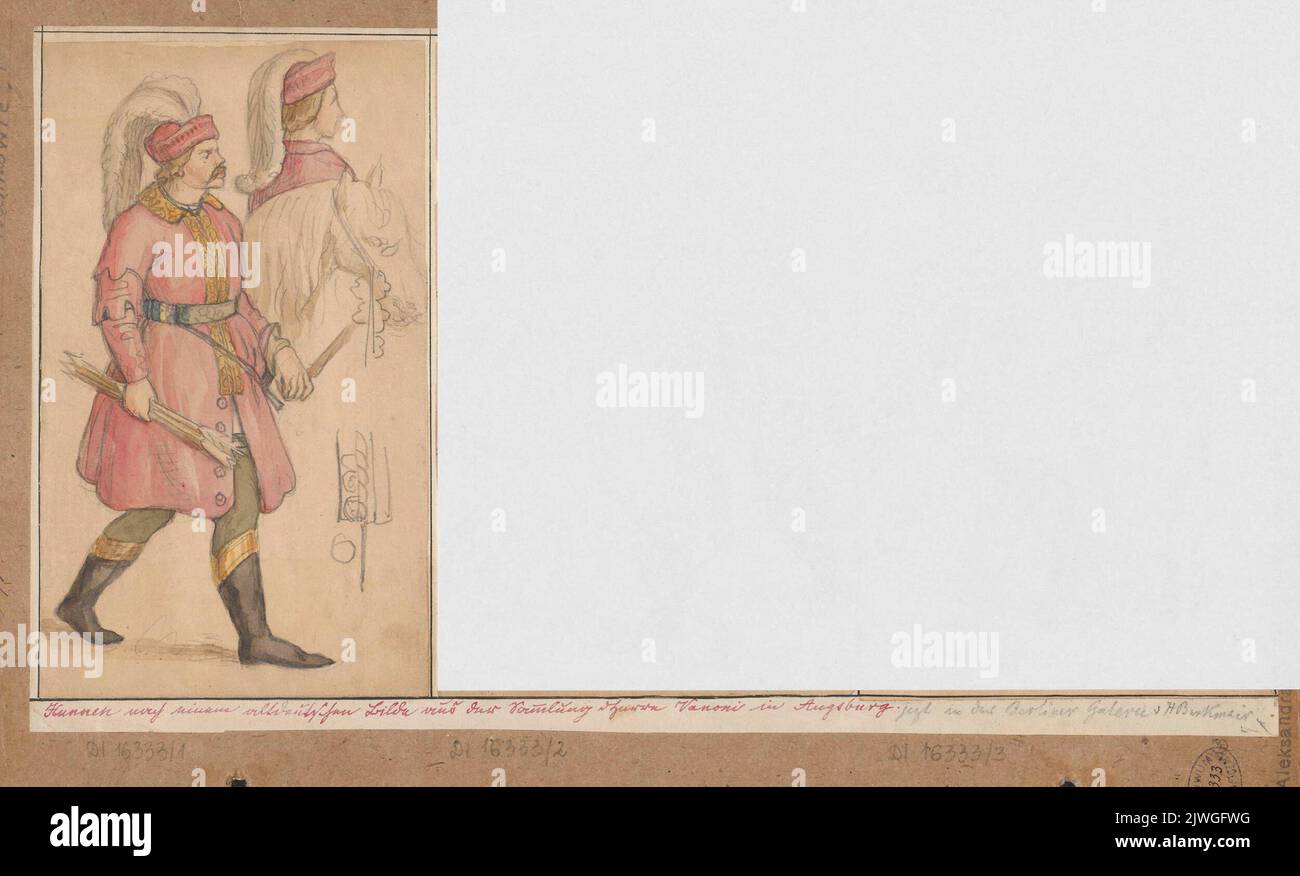 Guerriero ungherese che guida un cavallo, schizzo basato su una stampa o un dipinto. Minore, Aleksander (1814-1884), disegnatore, cartoonista, Burgkmair, Hans (1473-1531 ; st.), incisore Foto Stock