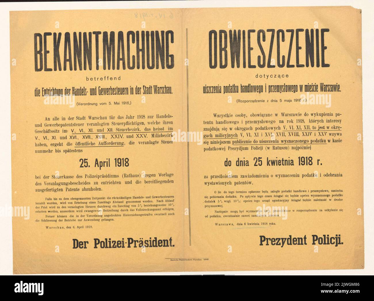 Annuncio del Presidente della polizia in merito al pagamento di imposte al dettaglio e industriali nella città di Varsavia (secondo il regolamento del 5th maggio 1916 relativo alle regioni fiscali n.. V, VI, XI, XII), VARSAVIA, Aprile 6th, 1918.. Glasenapp, Ernst Reinhold Gerhard von (1861-1928), autore, Deutsche Staatsdruckerei Warschau (Warszawa ; drukarnia ; 1916-1918), tipografia Foto Stock