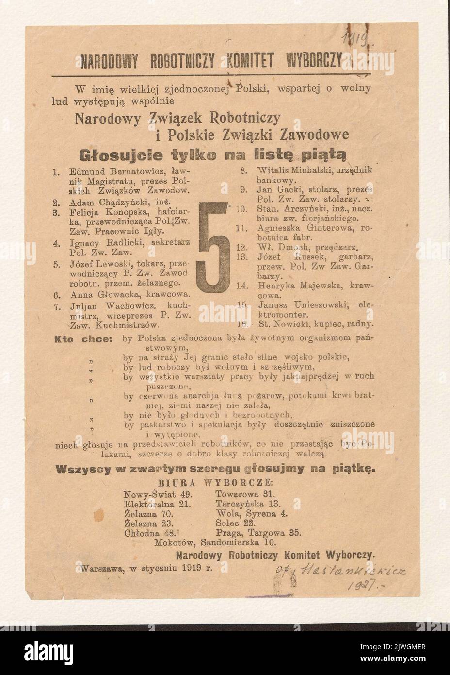 Opuscolo elettorale del Comitato elettorale Nazionale dei lavoratori – lista n. 5.[riguarda le elezioni del Sejm legislativo della Repubblica di Polonia nel 1919]. Sconosciuto, stamperia Foto Stock