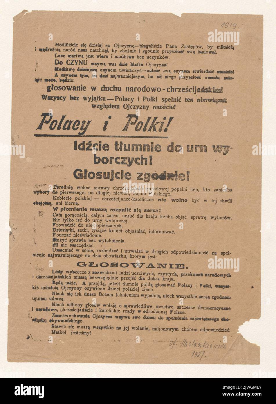 Opuscolo pubblicato in relazione alle elezioni del Sejm legislativo della Repubblica di Polonia, che invita i cittadini a compiere il loro dovere patriottico partecipando alle elezioni e votando secondo lo spirito nazionale e cristiano.. Sconosciuto, stampatore Foto Stock