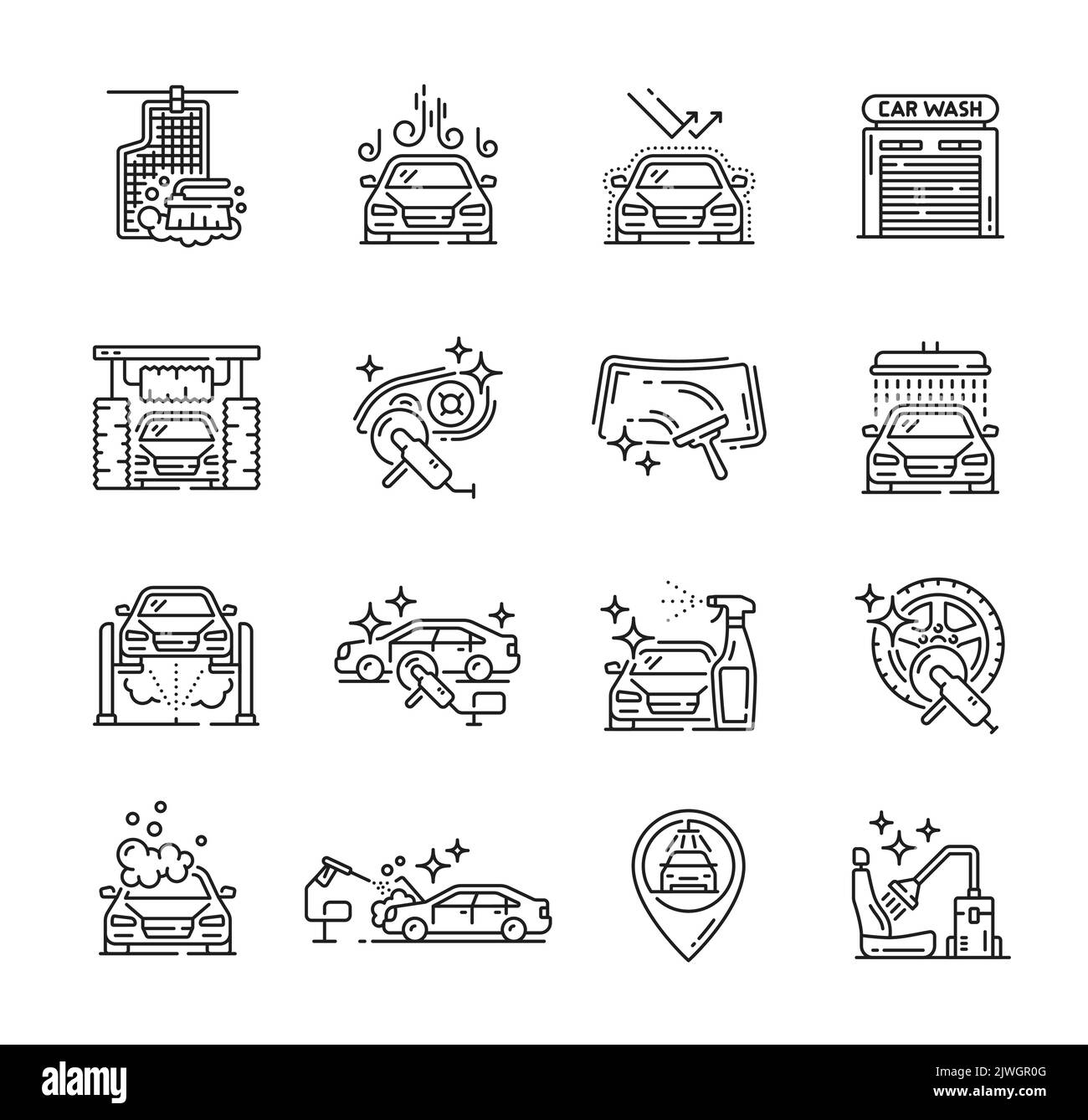 Icone di cura di automobile, servizio di lavaggio di automobile o lucidare di cera, simboli vettoriali di carwash del contorno. Car Care linea icone di verniciatura auto, restauro graffio, auto di rinnovo e manutenzione Illustrazione Vettoriale