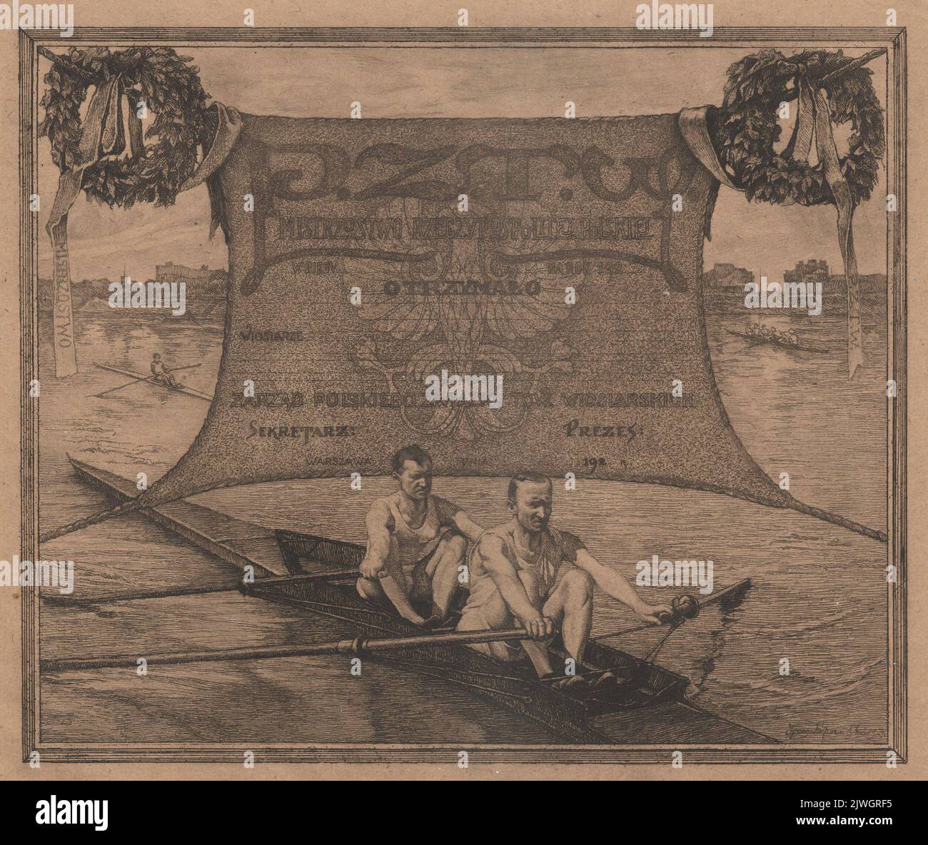 Diploma dell'Associazione Polacca delle Società di canottaggio per il Campionato di Polonia. Łopieński, Ignacy (1865-1941), artista grafico Foto Stock