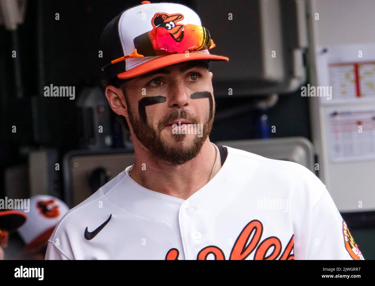 Baltimora, Stati Uniti. 05th Set, 2022. BALTIMORA, MD - SETTEMBRE 05: Baltimore Orioles ha lasciato il fielder Ryan McKenna (26) nel dugout prima di una partita di MLB tra i Baltimore Orioles e i Toronto Bluejays il 05 2022 Settembre, all'Orioles Park a Camden Yards, a Baltimora, Maryland. (Foto di Tony Quinn/SipaUSA) Credit: Sipa USA/Alamy Live News Foto Stock