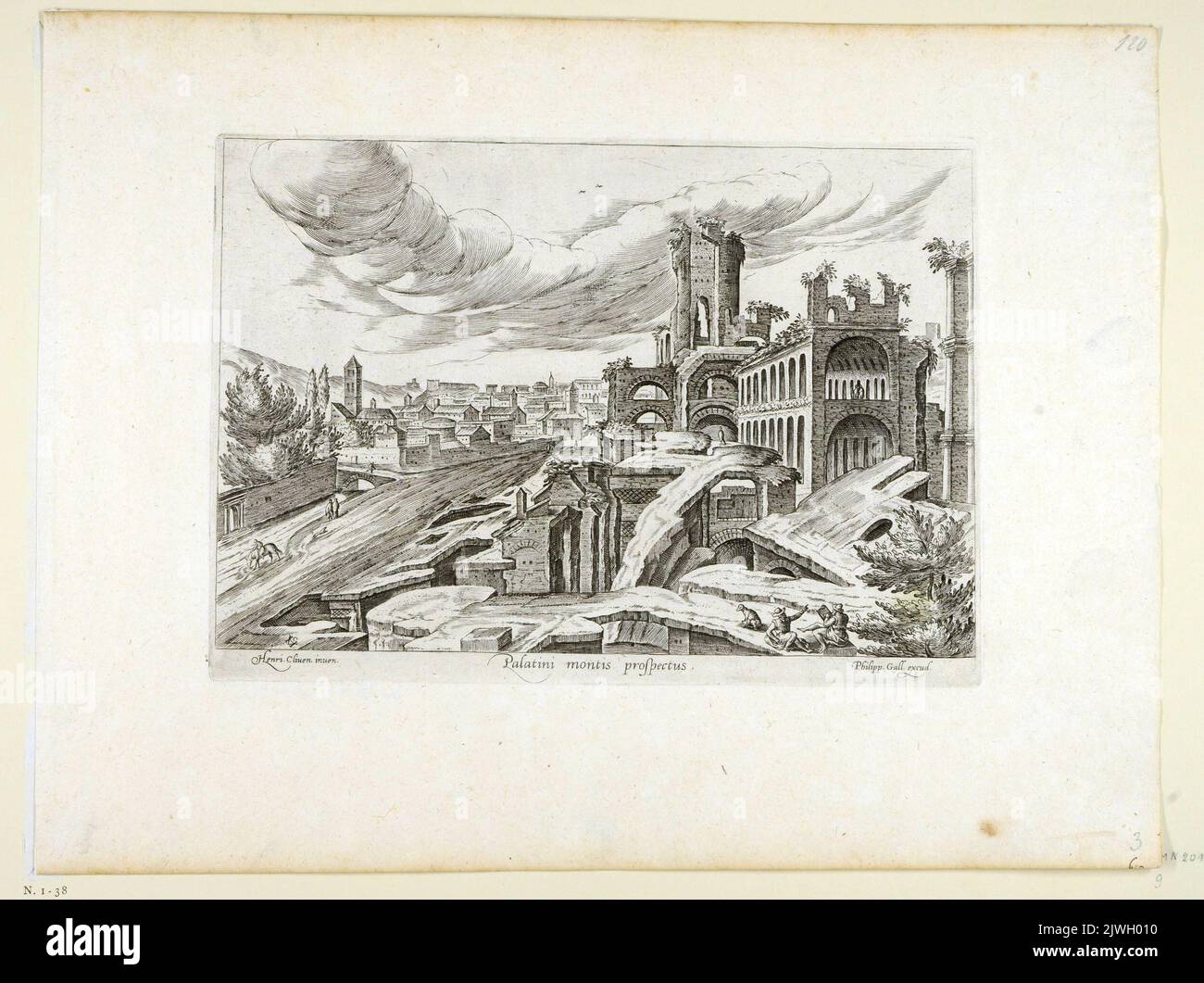 Vista sui ruderi del Colle Palatino - Prospetto di Palatini montis; in basso a destra - l'artista che traccia la vista. Galle, Theodor (1571-1633), artista grafico, Galle, Philips (1537-1612), Artista grafico, Cleve, Hendrick van, III (ca 1525-1589), disegnatore, cartoonista Foto Stock