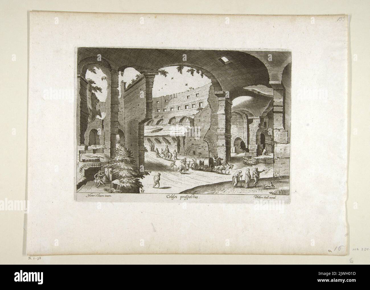 Prospetto di Colisei. Vista dei ruderi del Colosseo dall'interno, sotto il portico un taxi a cavallo; sulla sinistra, una coppia abbracciante. Galle, Theodor (1571-1633), artista grafico, Galle, Philips (1537-1612), Artista grafico, Cleve, Hendrick van, III (ca 1525-1589), disegnatore, cartoonista Foto Stock