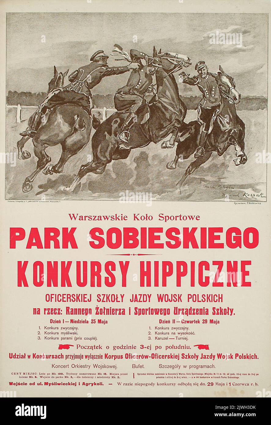 Konkursy hippiczne Oficerskiej Szkoły jazdy Wojsk Polskich. Cotty, Jan (Warszawa ; drukarnia i Zakład litografzny ; 1863-1939), printing house, Walkiewicz, F. (?- ), Artista litografo, Warszawskie Koło Sportowe (Warszawa ; organizacja sportowa ; 1907-1939), partito ordinante, Kossak, Wojciech (1856-1942), pittore Foto Stock