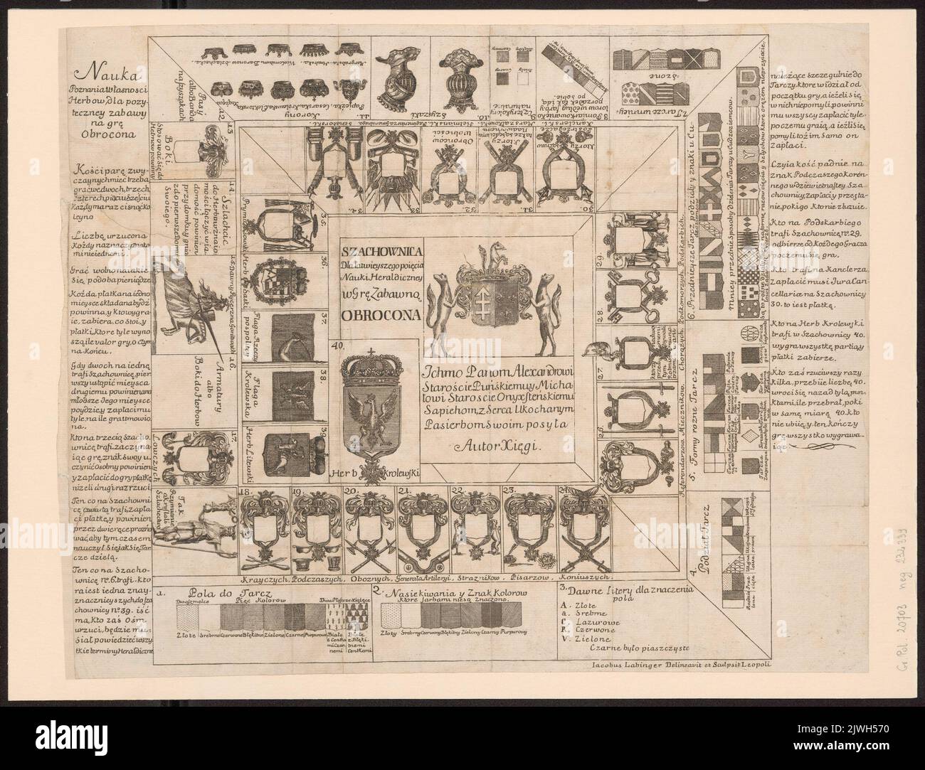 Szachownica dla łatwieyszego poięcia nauki heraldiczney w grę zabawną obrocona, z dzieła Józefa Aleksandra Jabłonowskiego Heraldica, a iest osada kleynotow rycerskich y wiadomosc znakow herbownych Dotąd w Polszcze nie obiaśniona…. Labinger, Jakub (fl. 1726-1760), artista grafico, drukarnia Jezuitów (Lwów ; fl. 1642-1773), editore Foto Stock