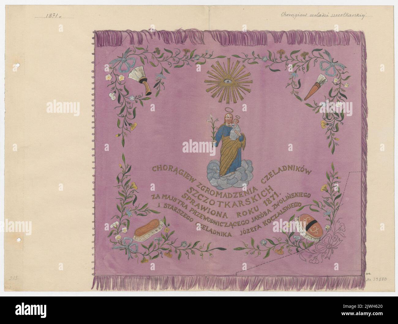 Bandiera araldica dell'assemblea degli apprendisti brushmakers, 1871 – lato con iscrizione, immagine dell'occhio di tutti e di San Giuseppe con il Bambino. Górniak, Stanisław (1903-1933), disegnatore, cartoonista Foto Stock