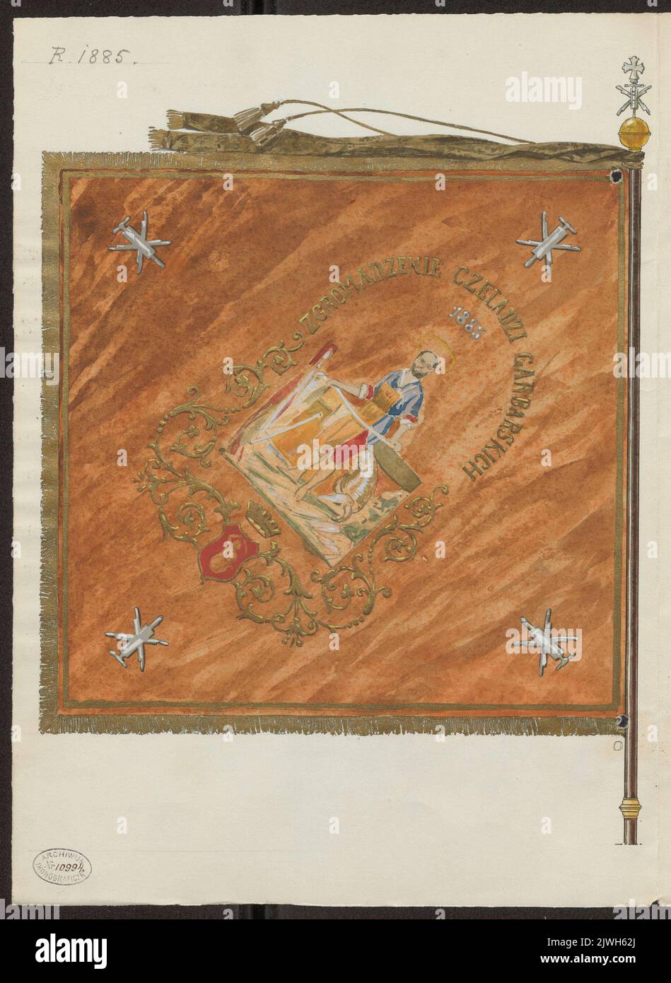 Bandiera araldica dell'associazione dei conciatori apprendisti, 1885 – fianco con immagine di San Simone. Stettolcman, Władysław Roman (1873-1950), disegnatore, cartoonista Foto Stock