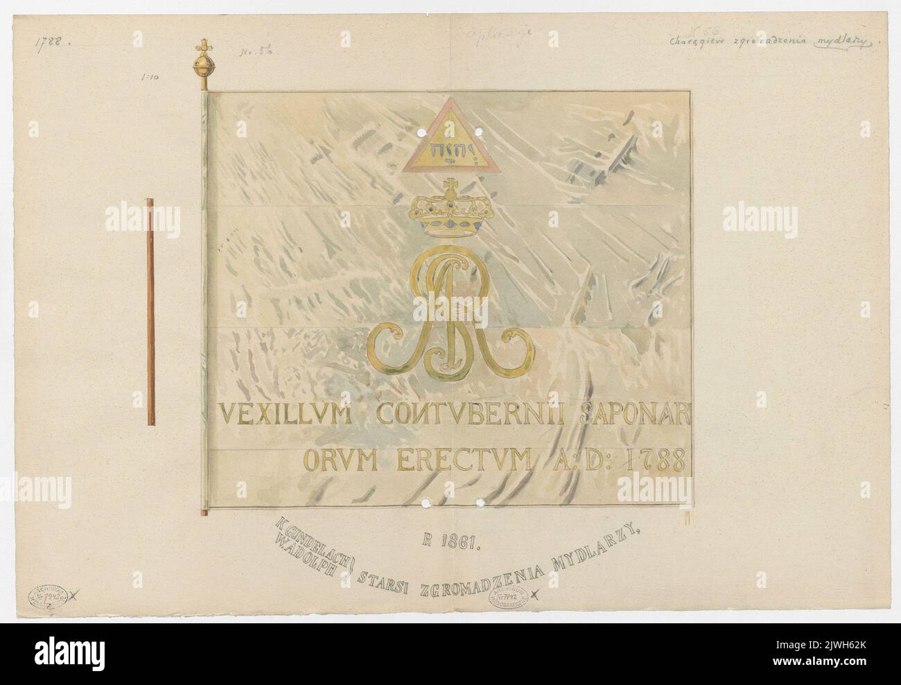 Bandiera araldica della gilda dei costruttori di soapmakers di Varsavia, 1861 – lato con iscrizione e monogramma. Maszyński, Mariusz (1888-1944), disegnatore, cartoonista Foto Stock