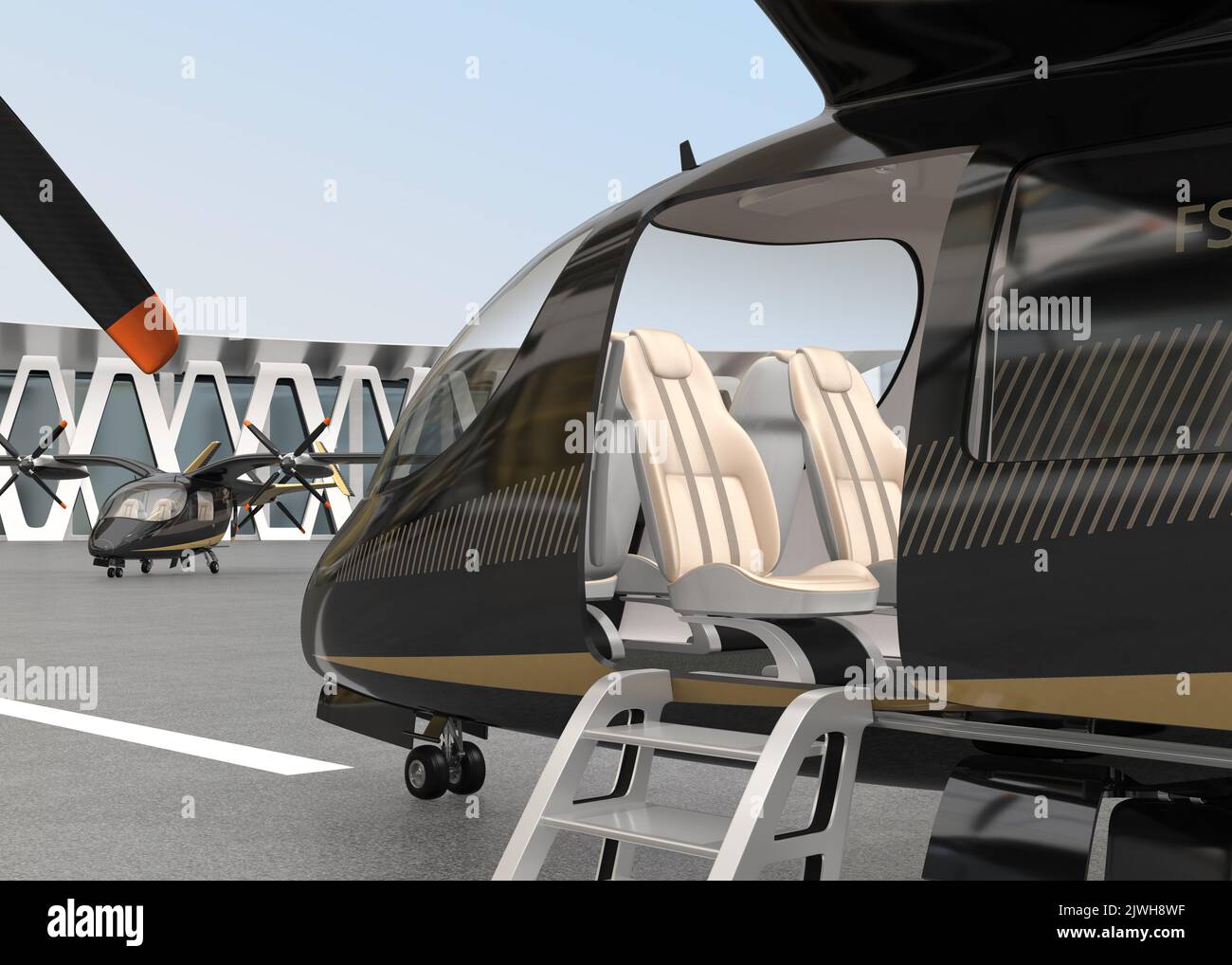 Velivoli elettrici VTOL per passeggeri in aeroporto. Concetto di mobilità urbana dei passeggeri. Immagine di rendering 3D. Foto Stock