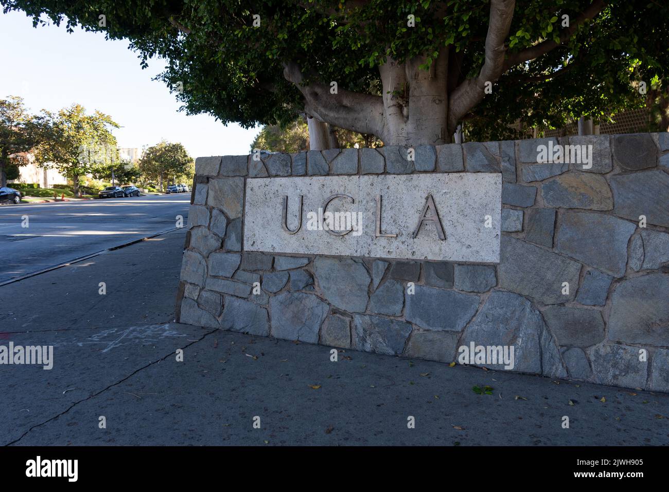 L'insegna UCLA (University of California) è mostrata a Los Angeles, California, Stati Uniti. Foto Stock