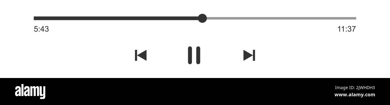 Barra di caricamento del lettore audio o video con cursore di avanzamento, timer dei minuti, pausa, riavvolgimento e tasti di avanzamento rapido. Modello di profilo dell'interfaccia del pannello di riproduzione del lettore multimediale. Illustrazione grafica vettoriale Illustrazione Vettoriale